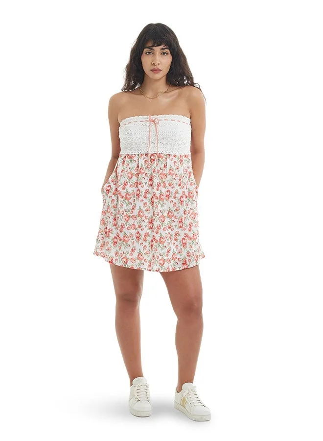 Asharae  Women's Printed Short Dress With Crotchet Yoke Comfortable Material, Breathable Daily Wear, Casual Fashion Outfit, Special Occasion Outfit, Trendy & Chic Apparel for Women | Best Price UAE